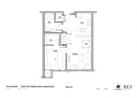 Floor plan for 1 bed, 1 bath, 715 sqft